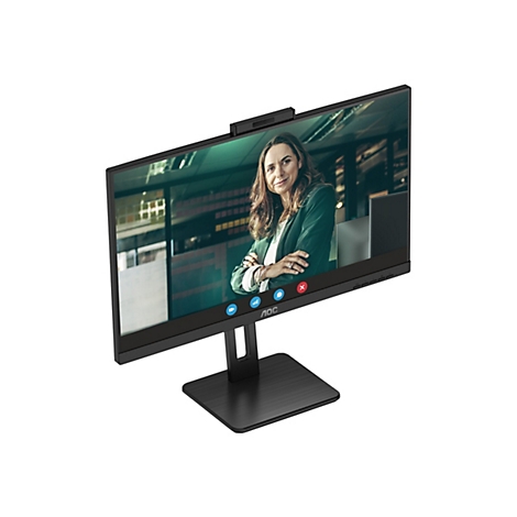 Ein schwarzer AOC-Monitor zeigt eine Videokonferenz. Eine Frau lächelt auf dem Bildschirm. Der Monitor hat eine Kamera und einen rechteckigen Standfuß.