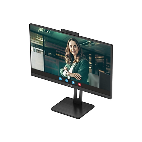 Ein schwarzer AOC-Monitor zeigt eine Videokonferenz. Eine Frau mit verschränkten Armen lächelt im Bildschirm. Der Monitor steht auf einem schwarzen Standfuß.