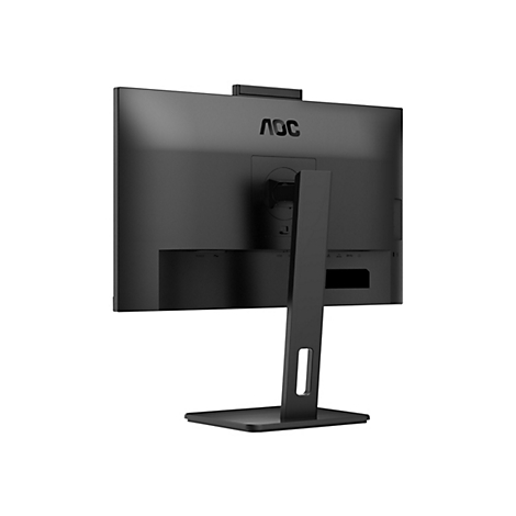 Die Rückseite eines schwarzen AOC-Monitors. Der Standfuß, der Bildschirm und die Halterung sind deutlich zu sehen.