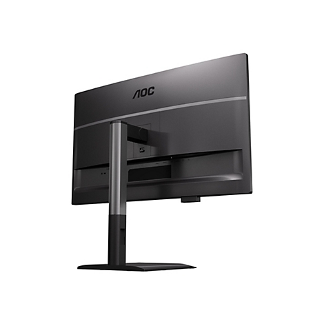 Der Blick auf die Rückseite eines schwarzen AOC-Monitors, der leicht nach rechts geneigt ist. Die Rückseite zeigt Anschlüsse und das AOC-Logo.