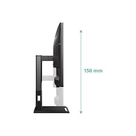 Seitenansicht eines schwarzen Monitors mit Standfuß. Ein grüner Pfeil zeigt die Höhe von 150 mm.