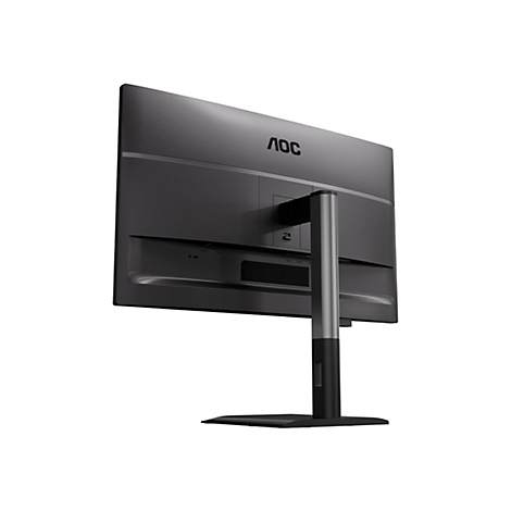 Rückansicht eines schwarzen AOC-Monitors mit Standfuß. Anschlüsse und das AOC-Logo sind sichtbar.