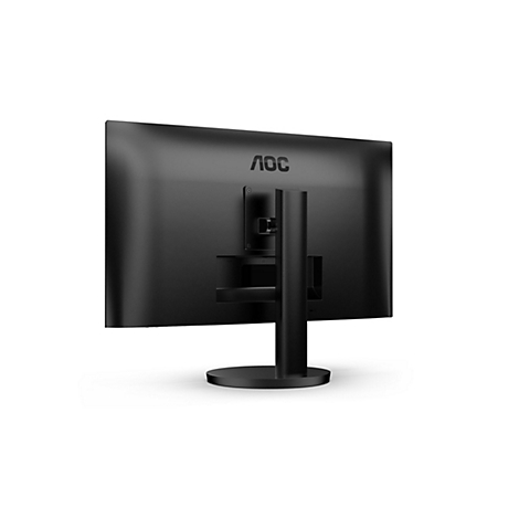 Rückansicht eines schwarzen AOC-Computermonitors auf einem Standfuß vor weißem Hintergrund.