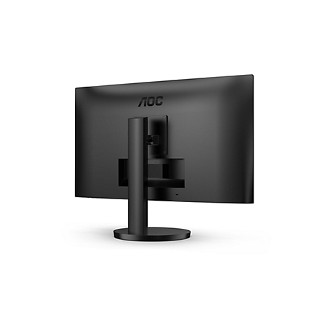 Rückansicht eines schwarzen AOC Computermonitors mit Standfuß vor weißem Hintergrund.