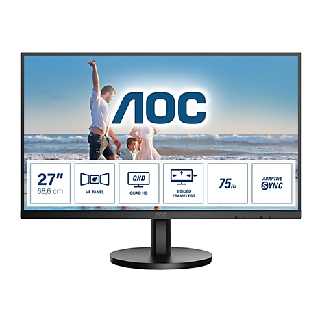 Ein schwarzer AOC-Monitor mit einem Strandfoto. Auf dem Bildschirm sind Informationen zu sehen: 27", VA-Panel, QHD, 3-seitig rahmenlos, 75 Hz und Adaptive Sync.