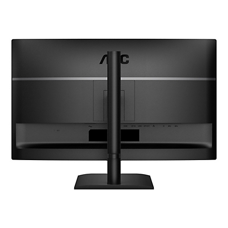 Rückseite eines schwarzen Monitors mit Standfuß. Sichtbar sind Anschlüsse wie HDMI, DP In und USB C, sowie das AOC Logo.
