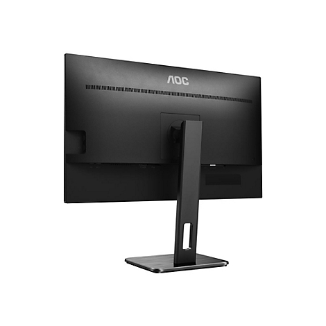 RÃ¼ckansicht eines schwarzen AOC-Monitors, mit StandfuÃŸ, auf weiÃŸem Hintergrund. Das AOC-Logo ist oben mittig.