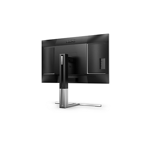 Rückansicht eines schwarzen AOC-Monitors mit silberfarbenem Standfuß. Das AOC-Logo ist oben eingeprägt.