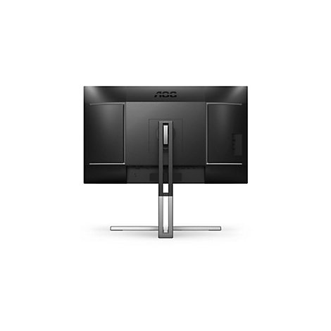 Rückansicht eines schwarzen AOC-Monitors mit silberfarbenem Standfuß. Anschlüsse sind sichtbar. Aufschrift: AOC.