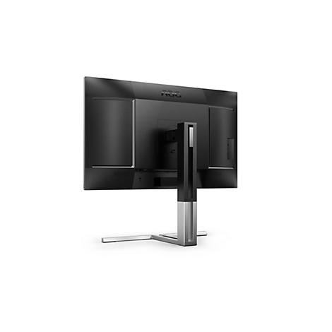 Rückansicht eines schwarzen AOC-Monitors mit silberfarbenem Standfuß, der vor einem weißen Hintergrund steht. Oben steht das AOC-Logo.