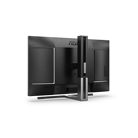Der schwarze AOC-Monitor ist von hinten vor weißem Hintergrund abgebildet. Der Monitor hat einen rechteckigen Bildschirm, einen schwarzen Standfuß und einen schwarzen Rahmen.