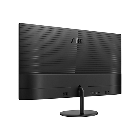 Rückseite eines schwarzen AOC Monitors mit Standfuß und sichtbaren Anschlüssen vor weißem Hintergrund.