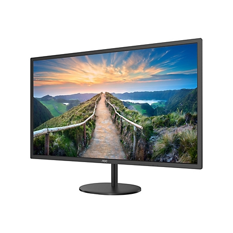 Der AOC-Monitor zeigt einen Pfad durch eine grüne Landschaft mit einem Sonnenuntergangshimmel.