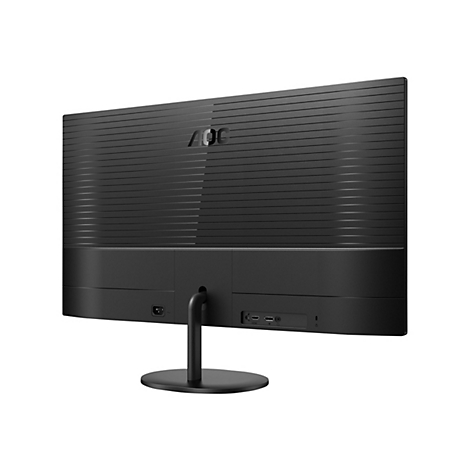 Rückansicht eines schwarzen Monitors mit AOC-Logo. Horizontal geriffelte Oberfläche, Anschlüsse unten.