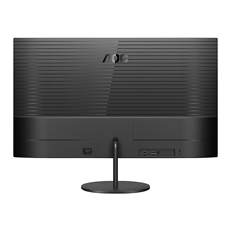 Rückseite eines schwarzen Monitors. AOC Logo. Anschlüsse unten.