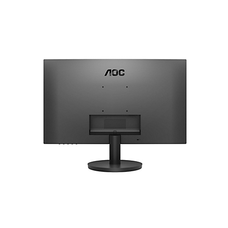 Rückseite eines schwarzen AOC Monitors mit Standfuß vor weißem Hintergrund.