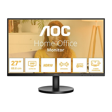 AOC Home Office Monitor, 27 Zoll, mit UHD, HDR10, Lautsprechern und Adaptive Sync-Technologie. Der Monitor ist rahmenlos.