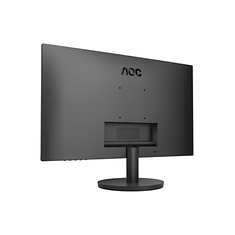 Rückseite eines schwarzen AOC-Monitors mit Standfuß und sichtbaren Anschlüssen vor weißem Hintergrund.