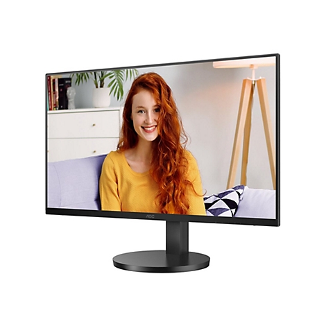 Ein schwarzer Monitor zeigt eine junge Frau mit roten Haaren, die lächelt. Der Monitor steht vor einem weißen Hintergrund.