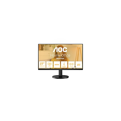 Schwarzer AOC Home Office Monitor mit 27-Zoll-Bildschirm und weißer Schrift, die verschiedene Funktionen hervorhebt.