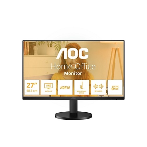 Ein schwarzer Monitor, auf dem AOC Home Office Monitor steht, mit Spezifikationen wie 27 Zoll, UHD, HDR10, verstellbarer Ständer, und Lautsprecher. Im Hintergrund ist eine Frau zu sehen.