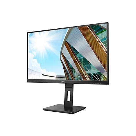 Ein schwarzer Monitor mit einem weiÃŸen Hintergrund. Der Monitor zeigt ein modernes GebÃ¤ude. Unten steht AOC.