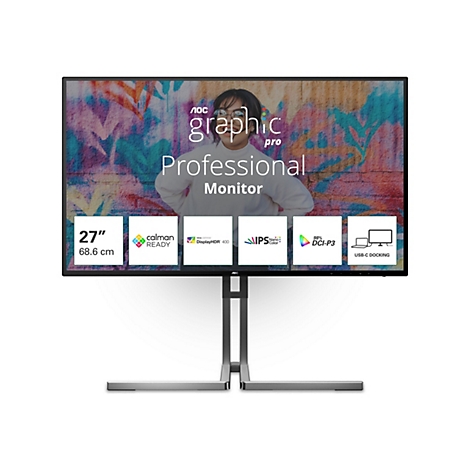 AOC Graphic Pro Monitor auf Standfuß mit Displayanzeige und grafischen Spezifikationskacheln.