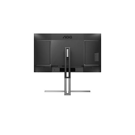 Rückansicht eines schwarzen AOC-Monitors mit schlankem Standfuß auf weißem Hintergrund.