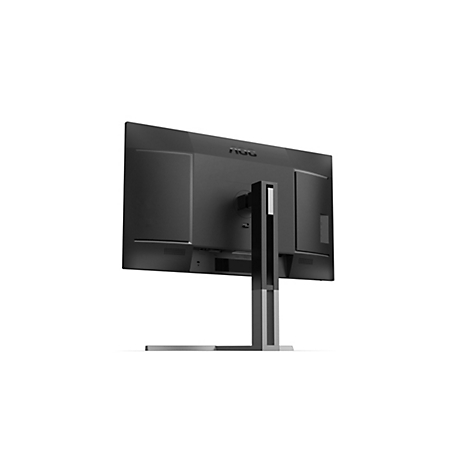 Der schwarze AOC-Monitor steht aufrecht, die Rückseite ist sichtbar. Der Monitor ist auf einem weißen Hintergrund in einem leichten Winkel von unten rechts nach oben links fotografiert.