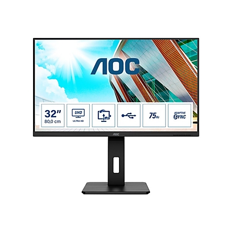 AOC Monitor, 32 Zoll, UHD, mit Standfuß, vor weißem Hintergrund. Logos und Features werden angezeigt.