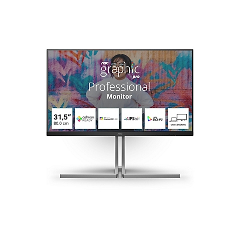 AOC Graphic Pro Monitor, 31,5 Zoll, zeigt ein Graffiti-Bild einer Frau mit technischen Spezifikations-Icons.