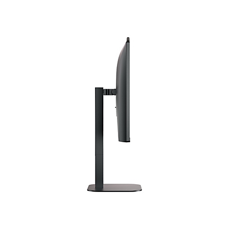 Seitenansicht eines schwarzen Monitors mit Standfuß. Die rechteckige Basis und der schlanke Bildschirm stehen auf weißem Hintergrund.