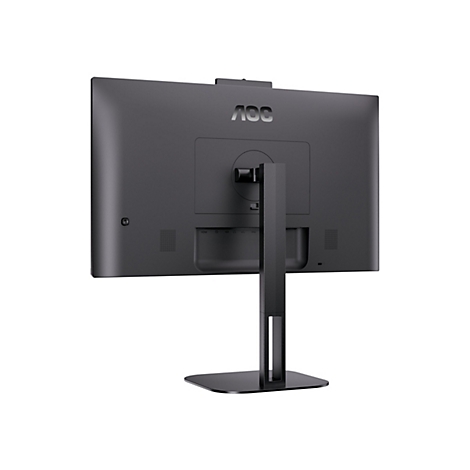 Rückansicht eines schwarzen Monitors, AOC-Logo. Der Monitor steht auf einem schwarzen Standfuß.