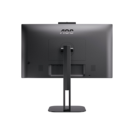 Ansicht der Rückseite eines schwarzen AOC-Monitors mit Standfuß auf weißem Hintergrund. Das AOC-Logo befindet sich oben.