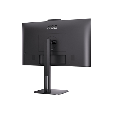 Die Rückseite eines schwarzen AOC-Monitors. Der Bildschirm ist von hinten zu sehen, mit dem AOC-Logo oben. Eine Webcam ist ebenfalls vorhanden. Der Monitor steht auf einem schwarzen Ständer.