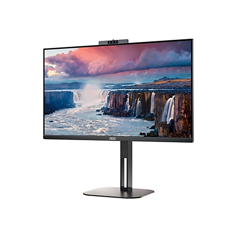 Ein schwarzer AOC-Monitor mit integrierter Webcam, auf dem ein Wasserfall mit Berglandschaft zu sehen ist. Der Monitor steht auf einem schwarzen Standfuß.