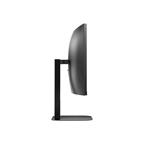 Seitenansicht eines schwarzen Monitors mit Standfuß vor weißem Hintergrund.