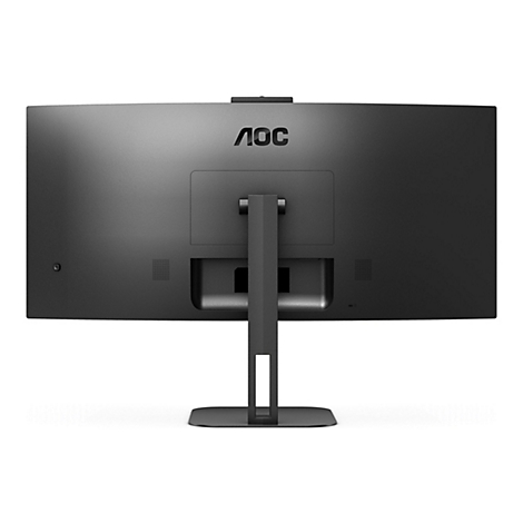 Rückseite eines schwarzen AOC Monitors mit Standfuß vor weißem Hintergrund.