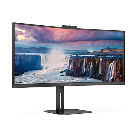 Ein breiter, schwarzer AOC-Monitor mit geschwungenem Bildschirm auf einem Standfuß vor weißem Hintergrund.