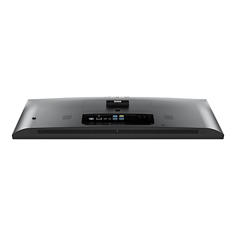 Rückseite eines schwarzen Monitors mit Anschlüssen für Strom, HDMI und USB.