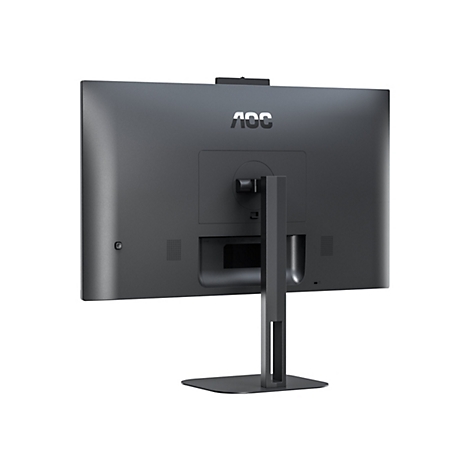 Rückseite eines grauen Monitors mit AOC-Logo, Standfuß und Anschlüssen.