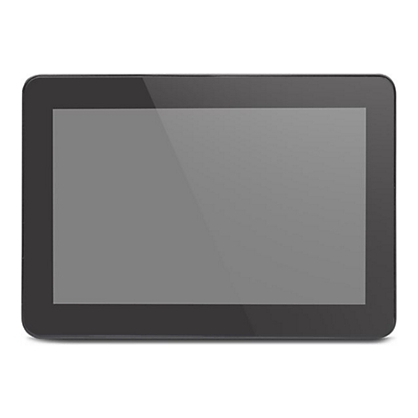 Ein schwarzes Tablet liegt flach auf weißem Hintergrund. Der Bildschirm ist grau, der Rahmen ebenfalls schwarz.