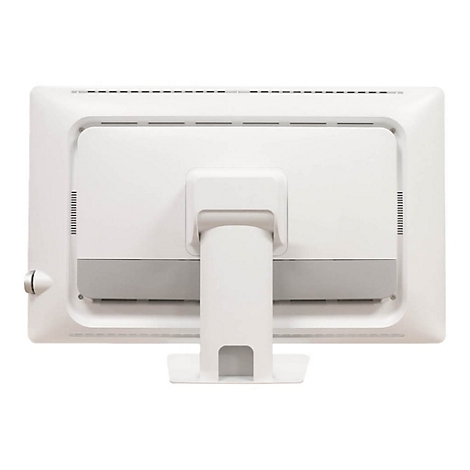 Rückseite eines weißen Monitors mit integriertem Ständer. Obere Kante mit Lüftungsschlitzen. Graues Element am unteren Rand.