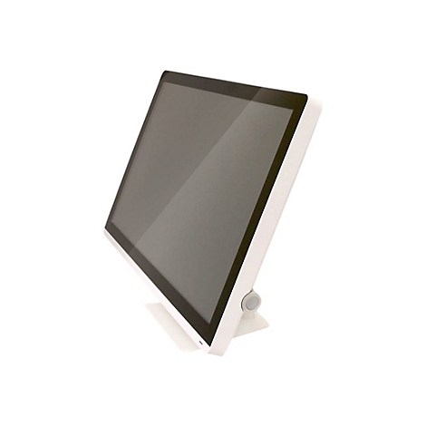 Weißer Bildschirm, der auf einem Ständer steht.