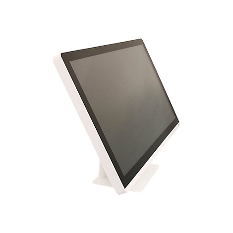 Ein weißer Touchscreen-Monitor steht vor weißem Hintergrund. Der Monitor ist leicht geneigt.