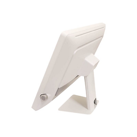 Weißes Touchscreen-Gerät. Eckiges Design mit Standfuß. Sicht von hinten und der Seite.