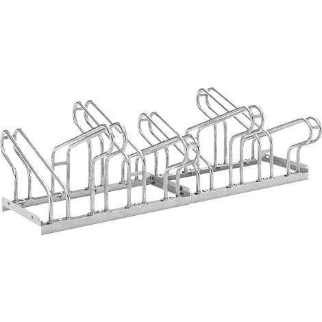 Soporte para bicicletas de metal diseñado para albergar varias bicicletas. La estructura es de estilo sencillo y moderno.
