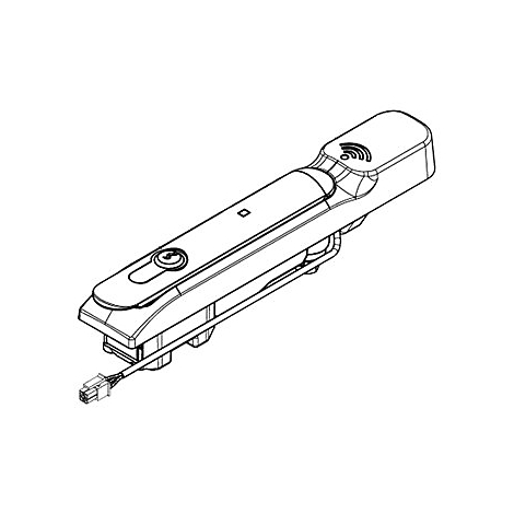 Vue de dessus d'un dessin technique. Un objet fin et allongé avec des extrémités arrondies, un bouton et un symbole d'antenne.