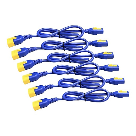 Sechs blaue Netzkabel, mit gelben Enden, die sich zu einer Acht formen.