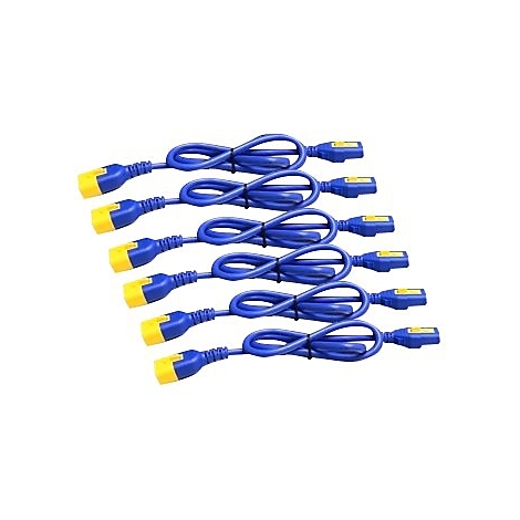 Sechs blaue Netzkabel mit gelben und blauen Steckern. Jedes Kabel ist zu einer Schlaufe gebunden, die Steckverbindungen zeigen nach rechts.